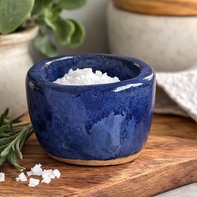 Handmade Studio Pottery Blue Glazed Pinch Bowl Salt Cellar Rustic Ceramic