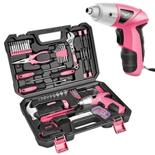 Pink 151PCS Tool Kit with 3.6V USB Electric Screwdriver, Cordless Drill Set, ...