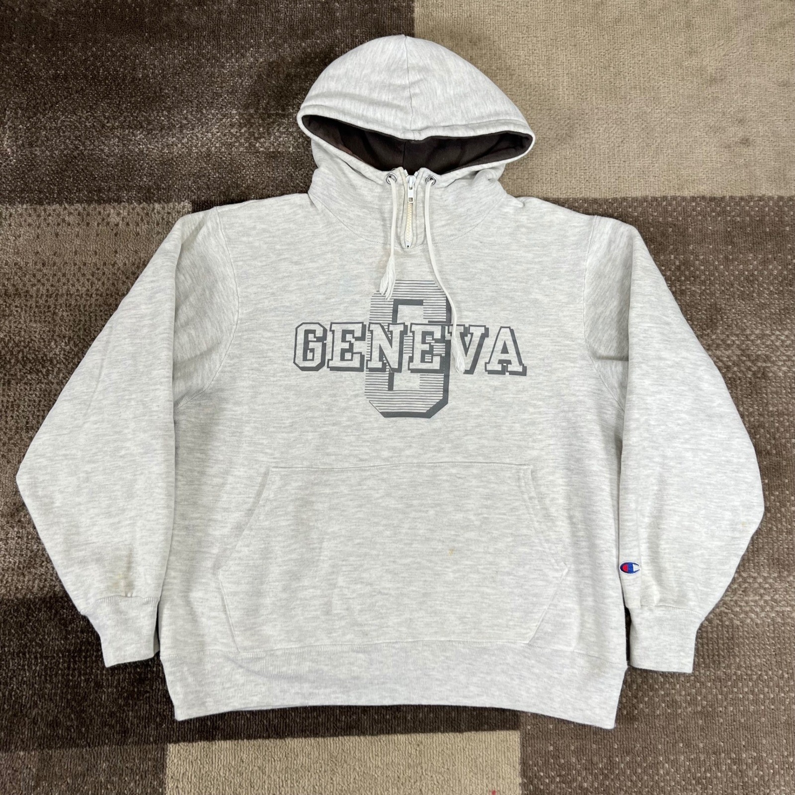 Vintage Champion Geneva College Pullover Hoodie Mens Large Gray Made in USA
