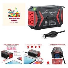 300W Pure Sine Wave Power Inverter - DC 12V to 110V AC Car Converter Plug Ada...
