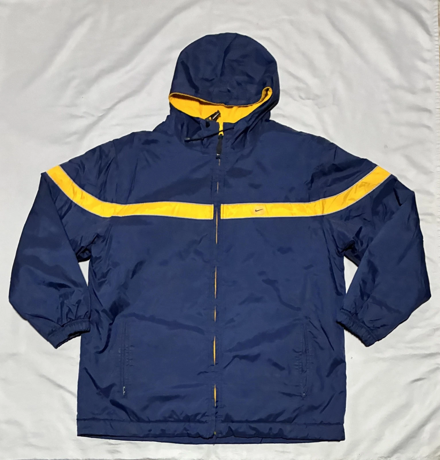 Nike Jacket Mens Large Blue Yellow Reversible Hooded Fleece Lined Parka Full Zip