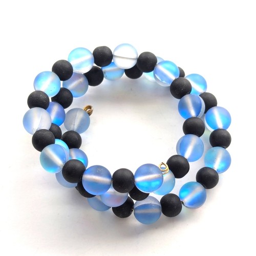 Superbe élégant bracelet bobine de perles en fil de verre bleu irisé noir - Photo 2/4