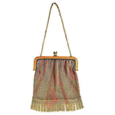Antik Art Deco Rahmen bemalt Netz Kettenhemd Fransen Klappe Handtasche Geldbeutel - Bild 1 von 4