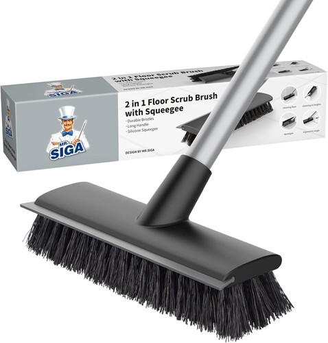 Long Handle Floor Scrub Brush, 2-in-1 Scrubber & Squeegee for Bathroom Cleaning