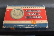 Vtg American Plastic Checkers 30 Pieces Red White Blue Box  ELGO PLASTICS INC