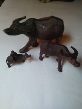 Vintage Set of 3 Hand Carved Wood Water Buffalo Ox Sculptures Chinese Boxwood