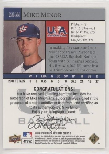 2009 Upper Deck USA National Team Auto Mike Minor #USAB-MM Auto - Picture 2 of 5