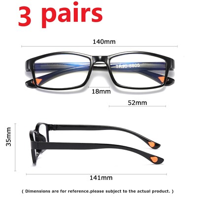 3 PK Mens Womens Unisex Rectangular Blue Light Blocking Reading Glasses Readers
