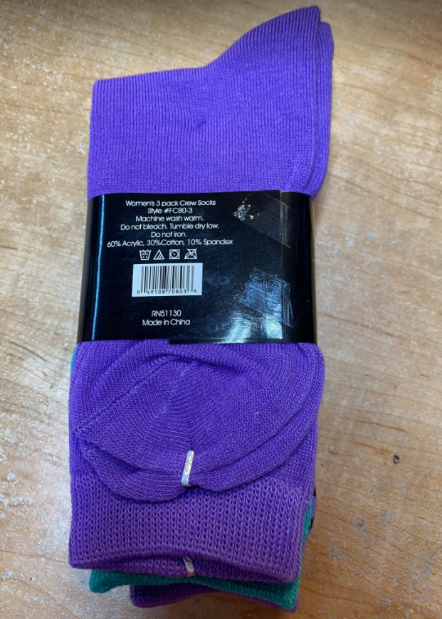 TIPI TOE CREW SOCKS 3-PACK, BLK/PURP/TEAL, 9-11