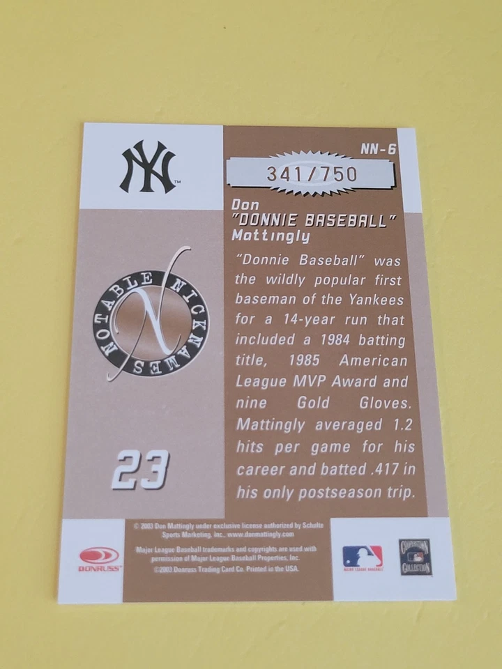 DON MATTINGLY - 2003 DONRUSS SIGNATURE SERIES NOTABLE NICKNAMES INSERT CARD /750 - Image 2 of 2