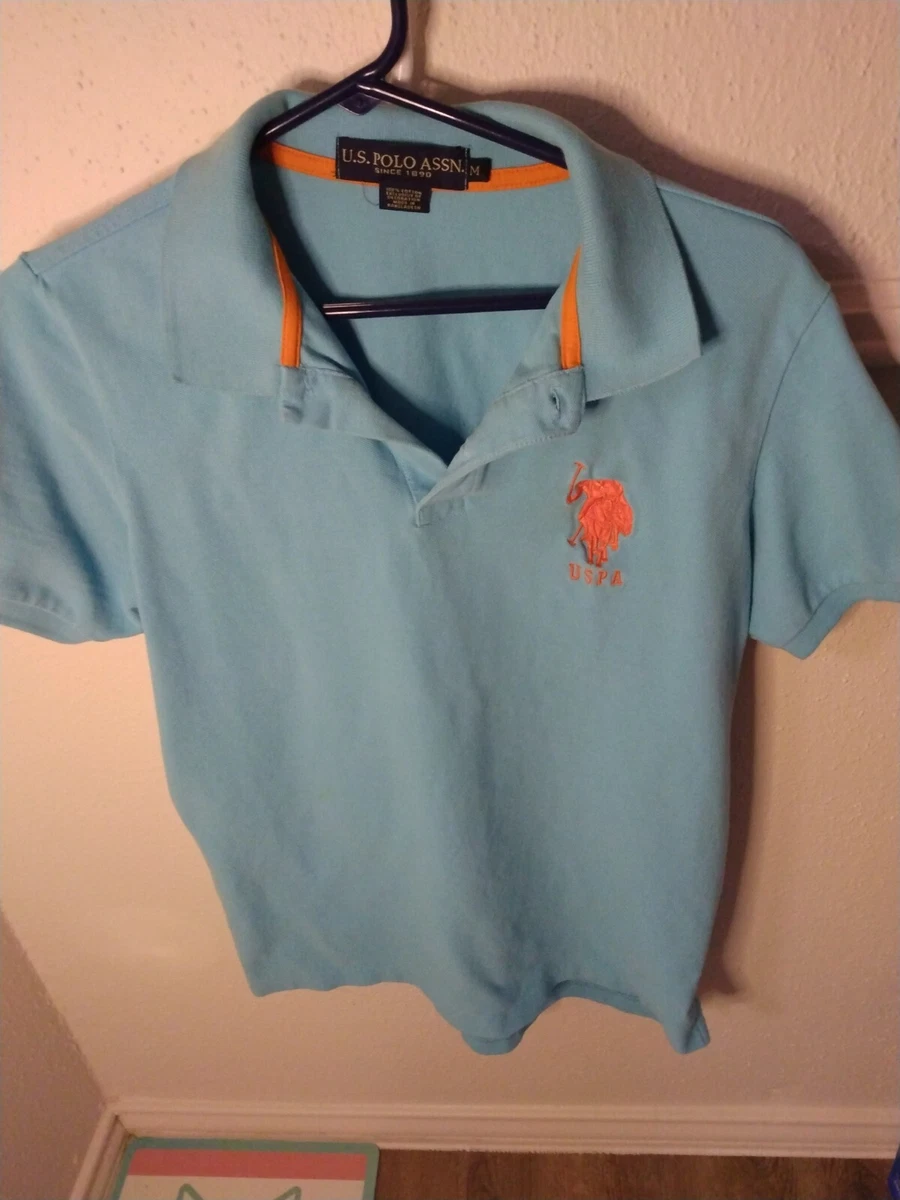 U.S. Polo Assn Shirt Mens Medium Short Sleeve light Blue Orange Logo Horse USPA