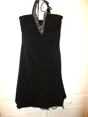Betsy & Adam Dress Size 6 Black Halter w/ Pearl & Gem Embellishments Ruffled Hem