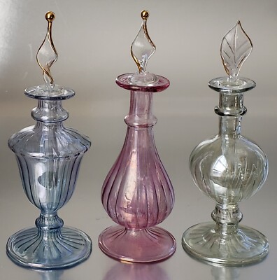 PerfumeVintage Egyptian Hand Blown Glass Iridescent Bottles With Gold  Trim