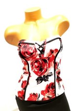 New 2b Bebe Red White Black Roses Lace Up Bustier Top - NWT