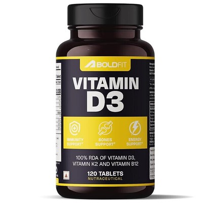 Boldfit Vitamin D Supplement Vitamin D3 K2 MK7 & Vitamin B12 120 Veg Tablet.