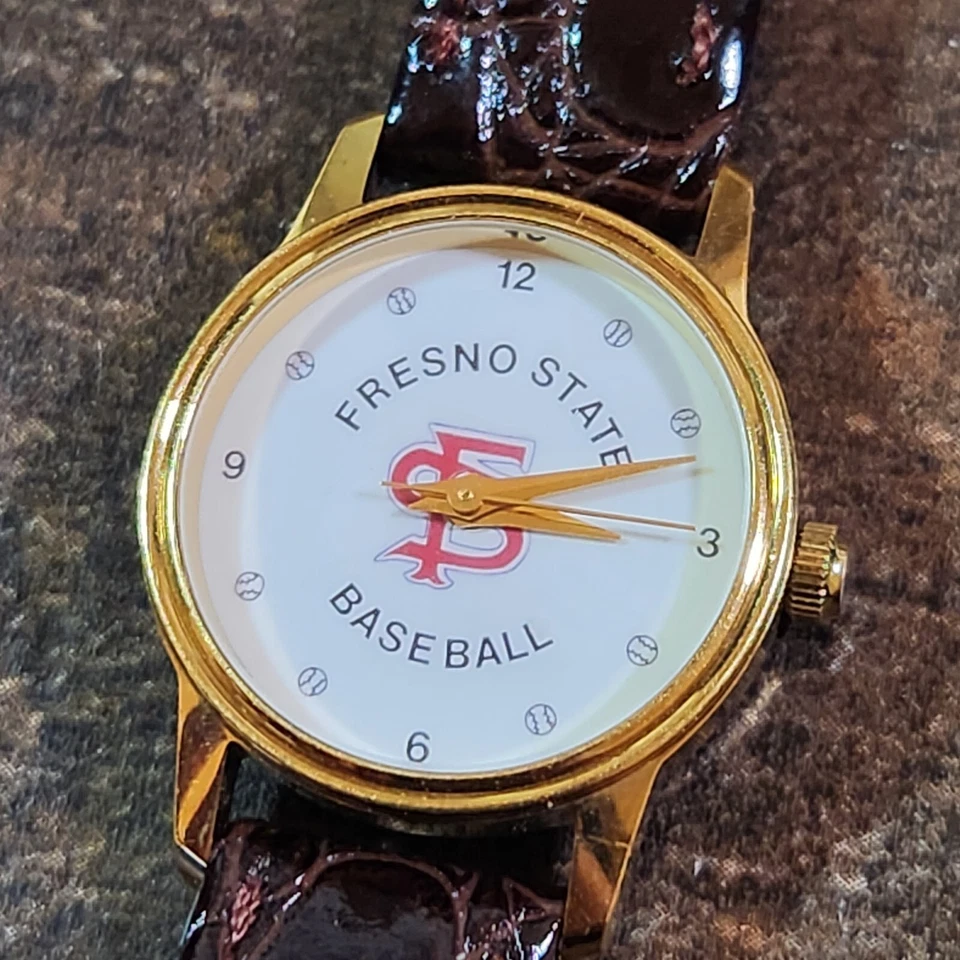 Reloj de béisbol vintage para mujer Fresno State Bulldogs correa de cuero dorado/marrón Foto 3 de 4