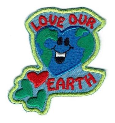 Girl Boy Cub LOVE OUR EARTH Fun Patches Badges SCOUT GUIDE recycle clean Loving