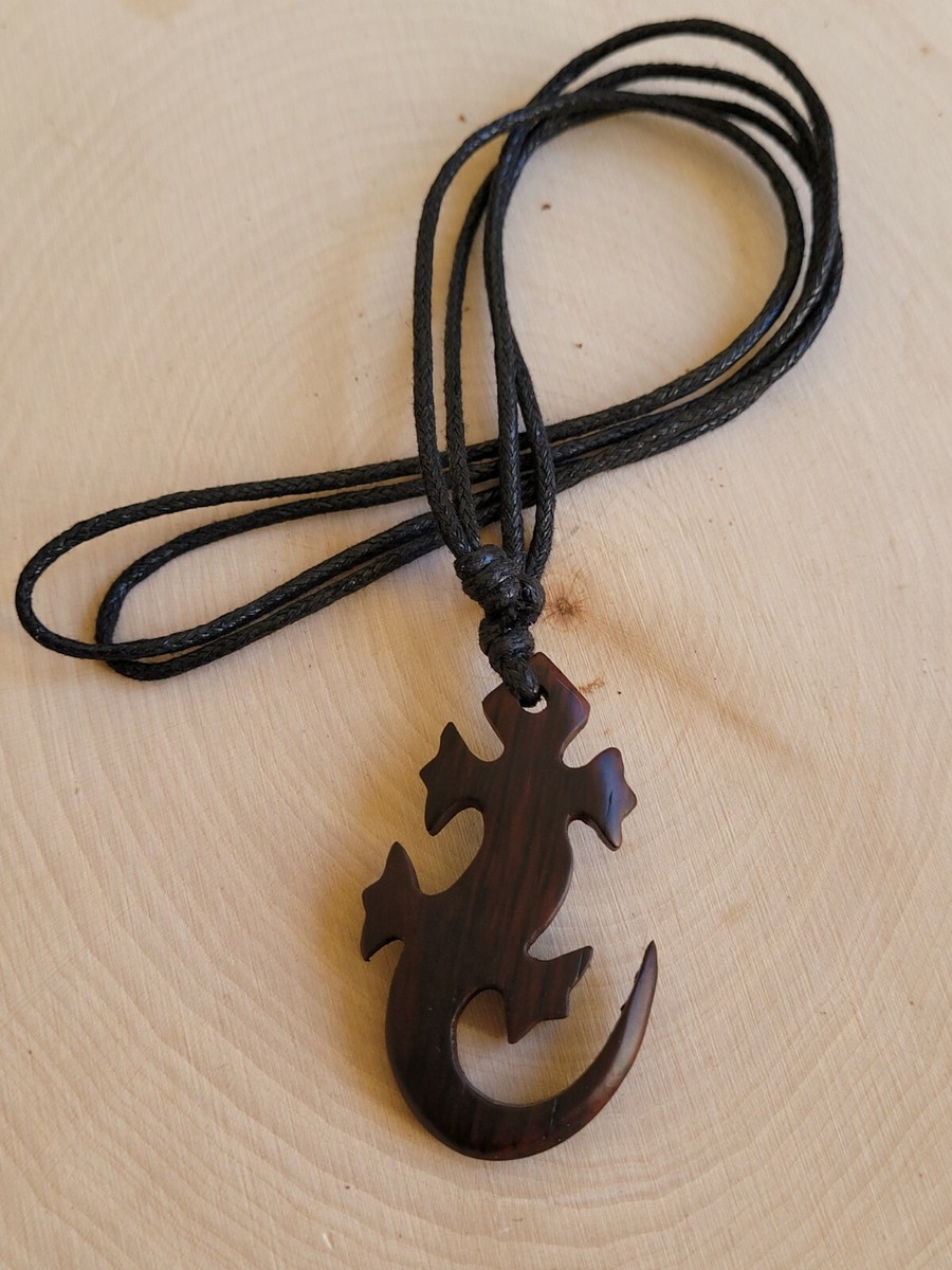 Hand Carved Narra Wood Pendant Adjustable Necklace Turtle Gecko