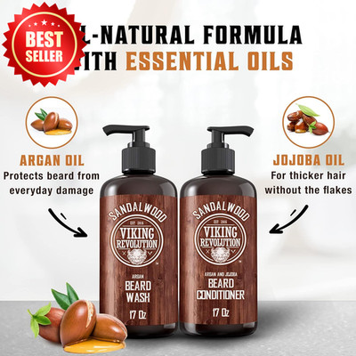 Beard Wash & Conditioner Set Argan Jojoba Oil 17oz Sandalwood Scent US