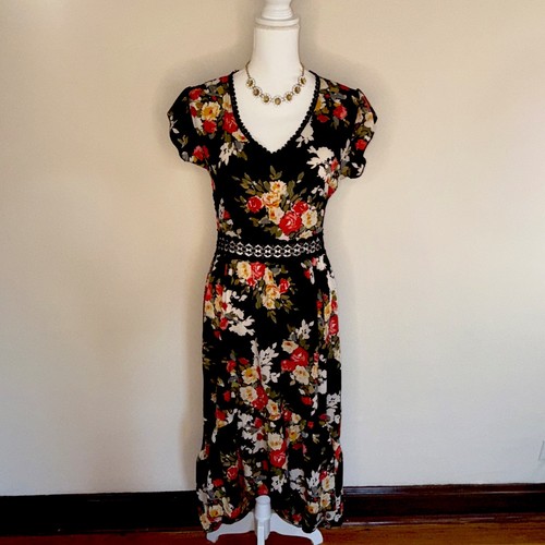 Maxi Vestido Semi Transparente Estampado Floral Alto Bajo Encaje Acento Volantes Espalda Abierta S