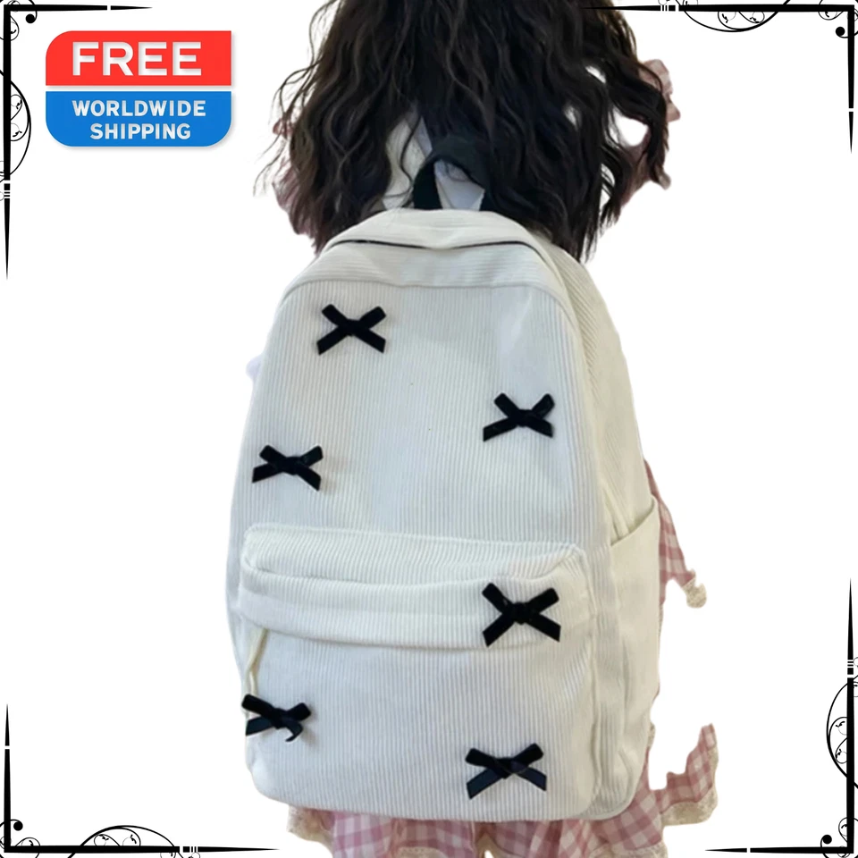 Womens Corduroy School Bag Bowknot Fashion Large Capacity Travel Tote Handbag - Image 4 of 4