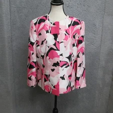 Kasper Blazer Jacket Womens 12 Pink Floral Open Front Lined Collarless Dressy