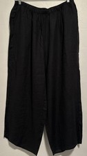 Flax Linen Wide Leg Black Lagenlook Pants Pockets Elastic Comfort Pull In Sz 2G
