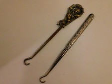 2 Vintage Metal Shoe Button or Glove Hooks Gargoyle  Etched Handles Unusual
