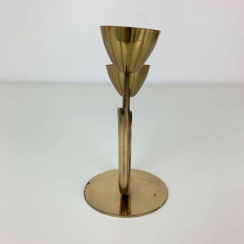 Ystad Metall Brass Candle Holder Flower Tulip 2 Arms Sweden MCM Vtg Scandinavian - Picture 2 of 10