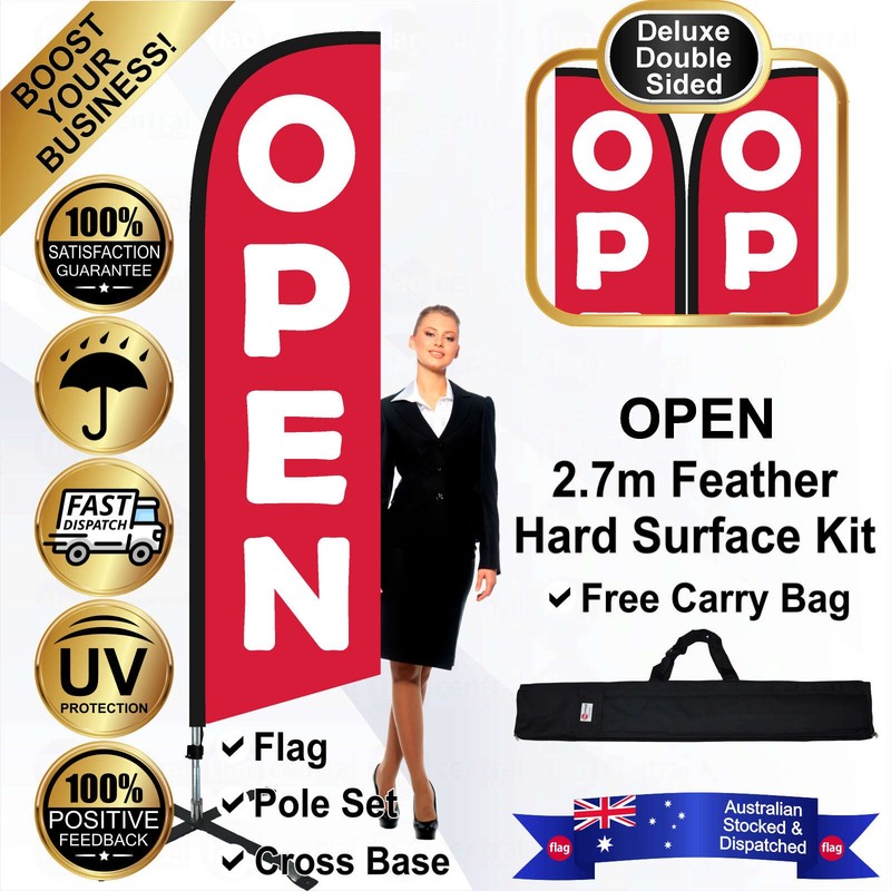 K - OPEN Deluxe Double-Sided Red 2.7m Feather Flag / Banner Kit with Pole Set, Steel Outdoor Cross Base and a Free Carry Bag - 1