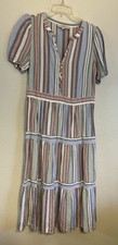 LOFT Womens Small Linen Blend Blue Stripe Dress Puffed Sleeves A-line, Tiered