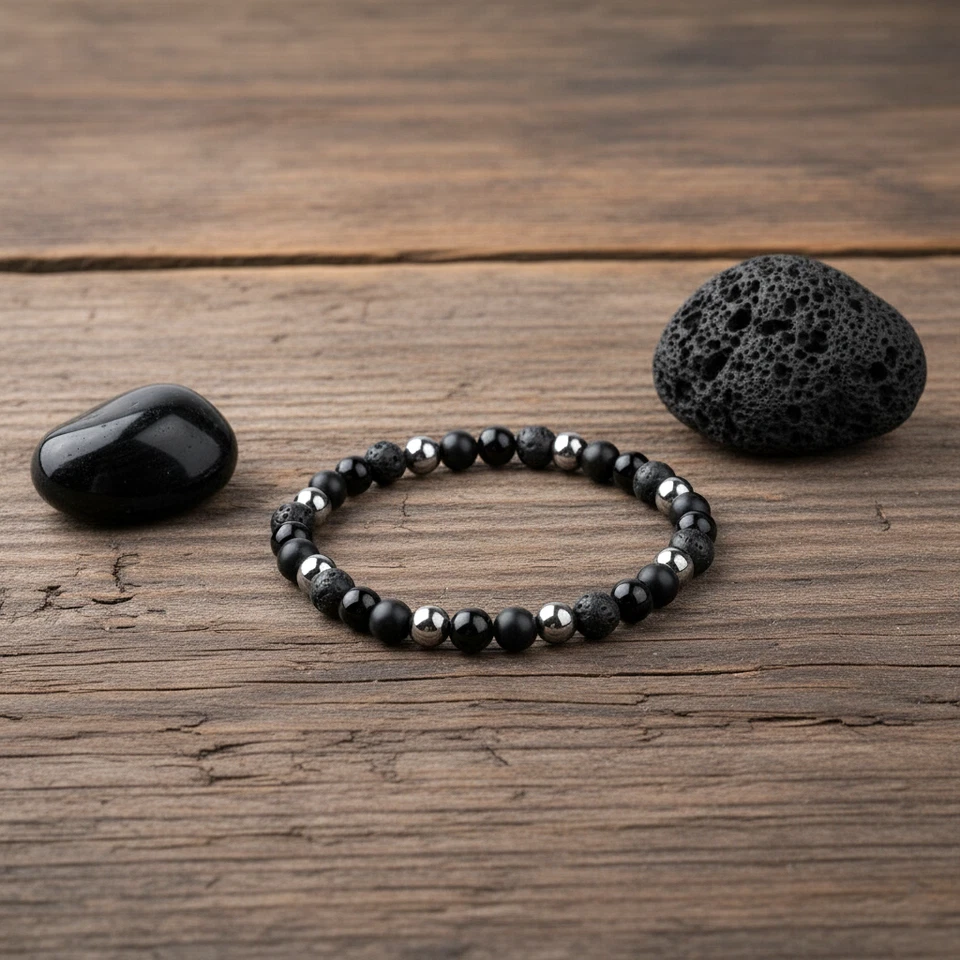 Bracciale in Pietra Lavica Nero Acciaio Argento Pietre Perle braccialetto Uomo - Immagine 2 di 4