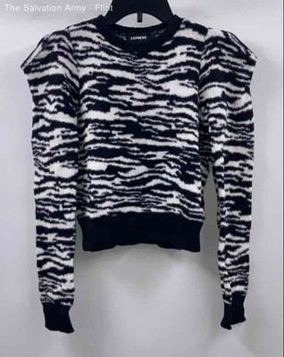 Express Womens White Black Zebra Print Long Sleeve Pullover Sweater Size XS
