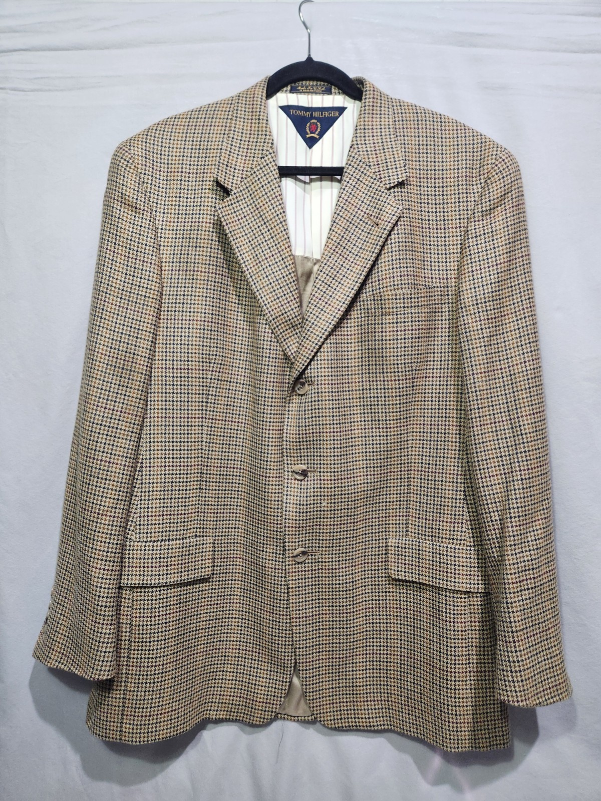 Vtg Tommy Hilfiger Brown Wool Blazer Jacket 43L 3-Button USA 90s Houndstooth