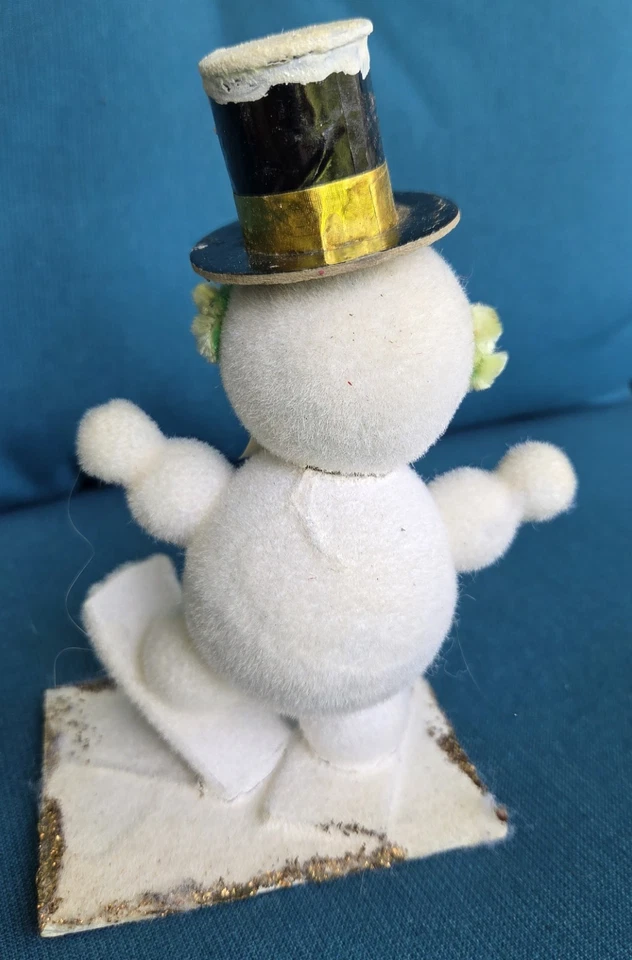 Raro Antigo Boneco de Neve Gelado Boneco de Natal Esquiador Papel de Feltro IOB Mica Top Hat CCCC - Imagem 3 de 4