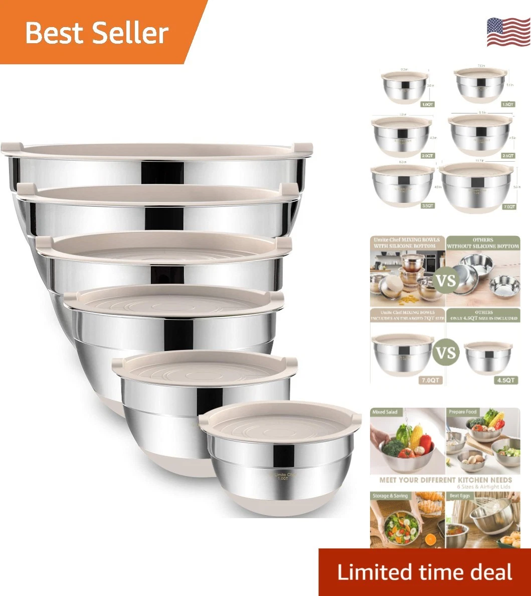 Durable 6-Piece Khaki Mixing Bowls with Non-Slip Design & Airtight Lids