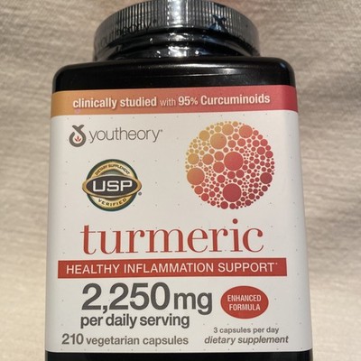Youtheory Turmeric 2250 Mg 210 Capsules Bioperine Black Pepper Extract Exp 10/27