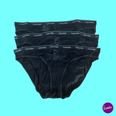 Calvin Klein Damen Spitzen Bikini Slip, 3er Set, schwarz, Logo Bund, UK XL