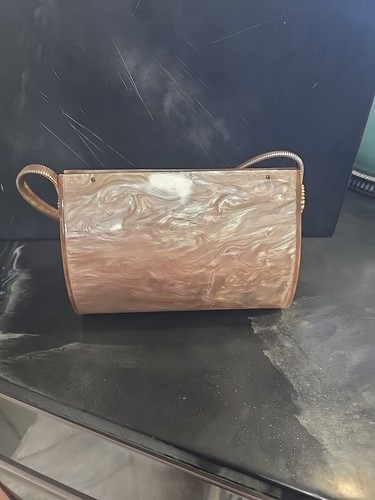 Vintage Lucite Brown Tan Marbled Faceted Purse Handbag Gold Tone Chain Handle - Picture 5 of 5