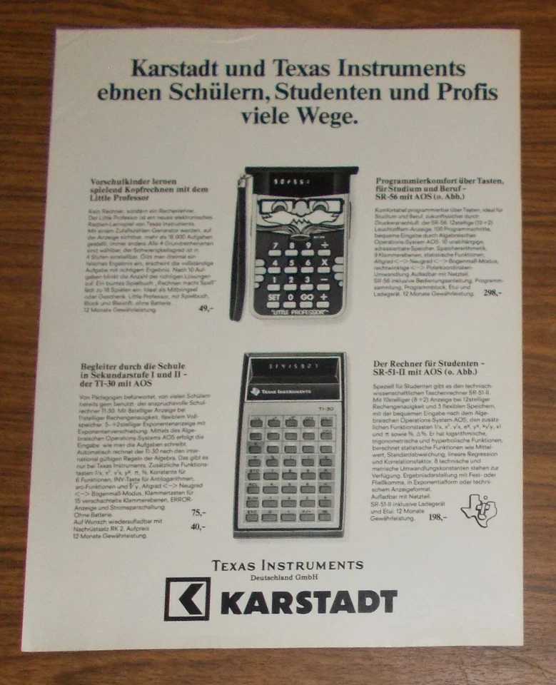 Seltene Werbung TEXAS INSTRUMENTS LITTLE PROFESSOR TI-30 Taschenrechner 1977 - Bild 1 von 1