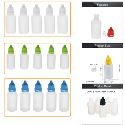 20ml Plastic Squeezable Dropper Bottle Empty Eye Liquid Bottle 5~50pcs CRC Caps - Afbeelding 1 van 39