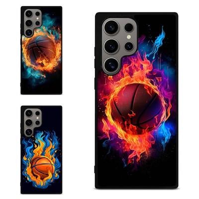 For iPhone SE4 16E 12 13 14 15 16 Pro Max Hard Black Cover Basketball blue flame