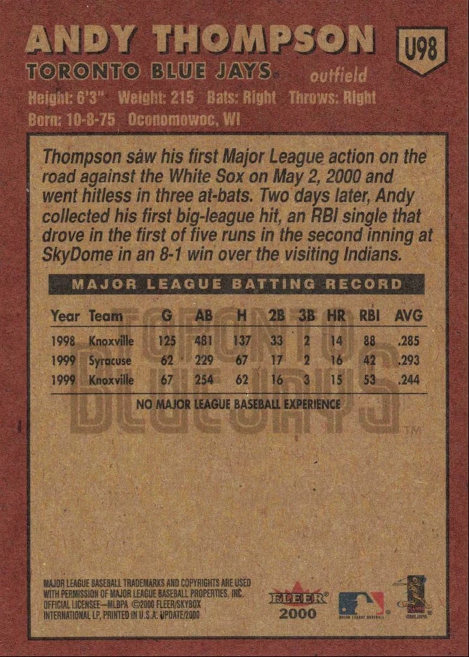 2000 Fleer Tradition Update Rookie Andy Thompson Toronto Blue Jays #U98 - Image 2 of 2