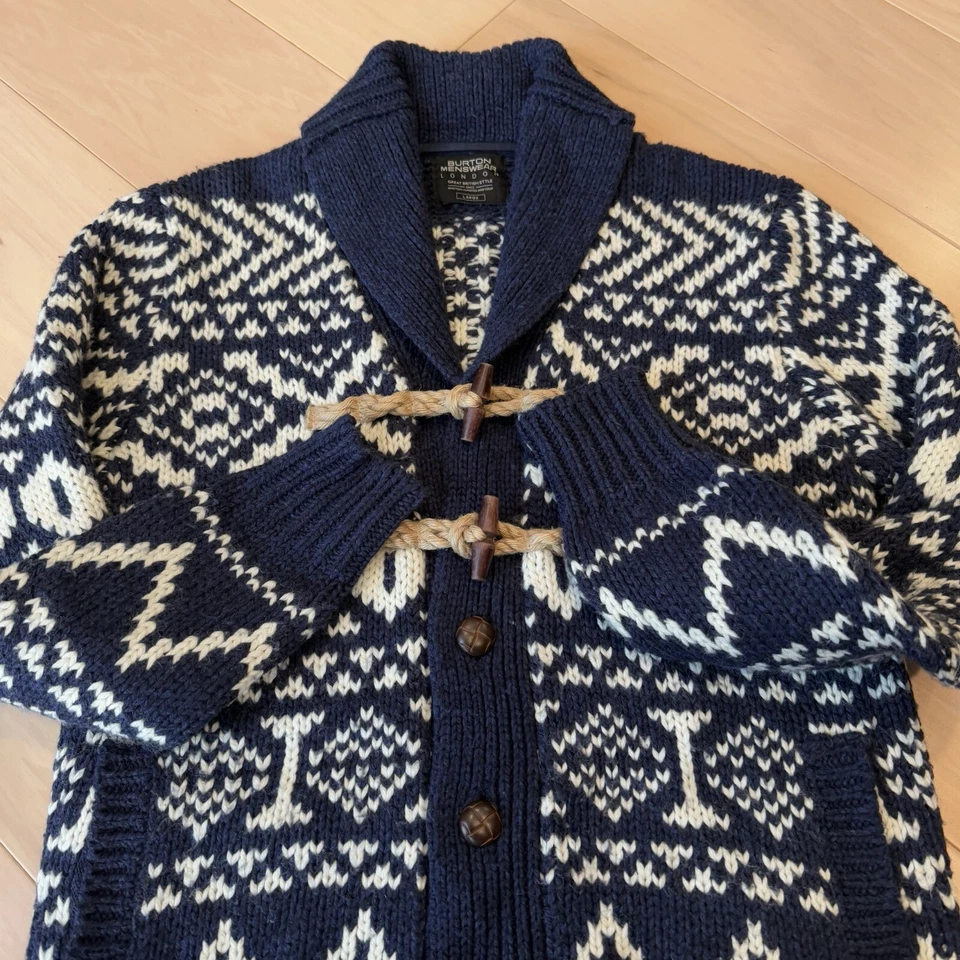 Cárdigan Burton London Grande Azul Lana Toggle Cowichan Prendas exteriores pesadas Nueva York Foto 4 de 4