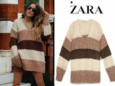 ZARA PULLOVER MIT WOLL BRAUN BEIGE GESTREIFT STRICK KNIT SWEATER