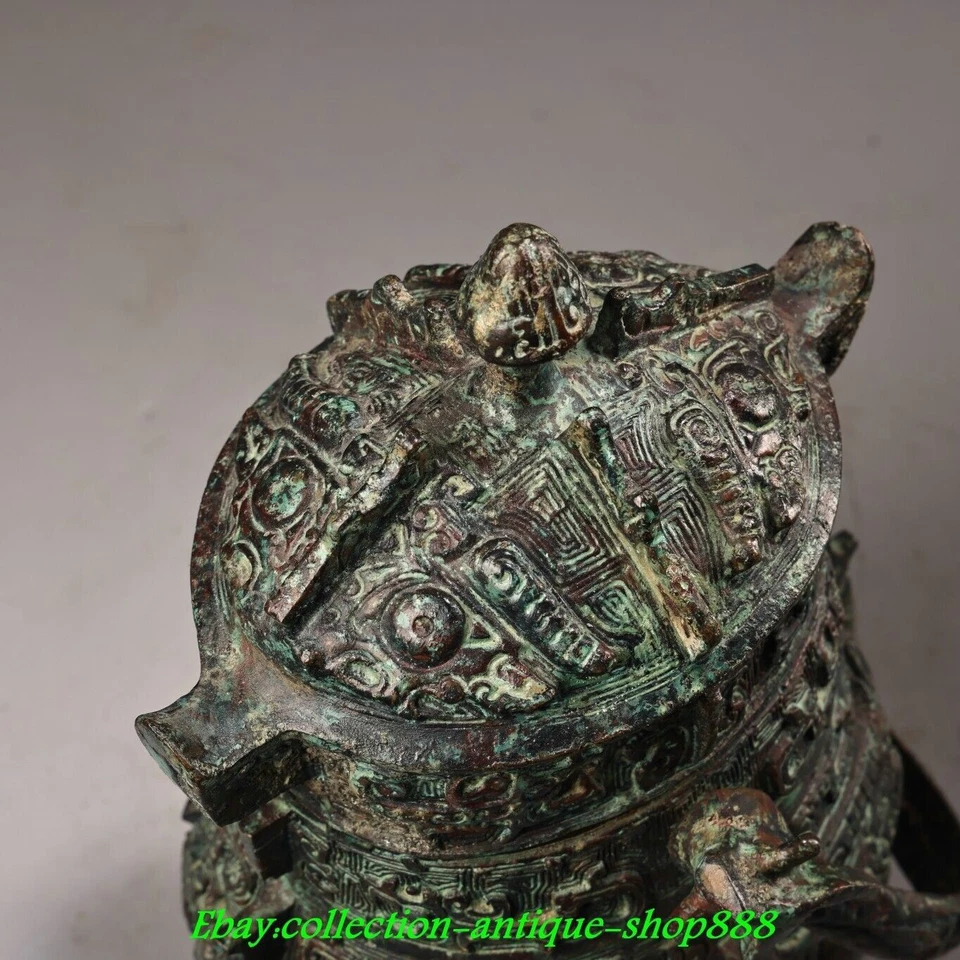 Vaso portátil de 9" de la antigua dinastía china mercancía de bronce cara de bestia de dragón tarro olla vasija Foto 4 de 4