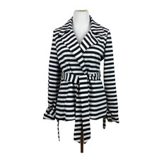 G.e.t Jacket Womens Xs Black White Stripe Belted Stretch Knit Tie Waist V-neck