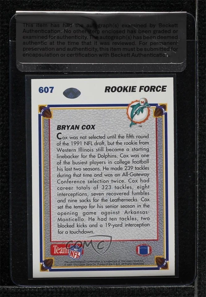 BAS 1991 Upper Deck Bryan Cox #607 Seal of Authenticity Auto Rookie RC - Image 2 of 2