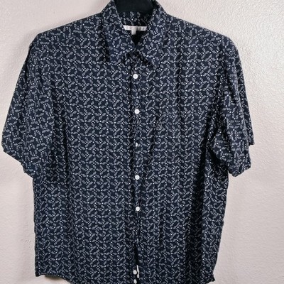 Perry Ellis Mens Geometric Pattern Button Down Grey Dress Shirt Short Sleeve