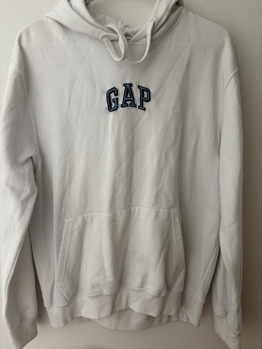 GAP Men's White Pullover Hoodie XL Embroidered Logo Fleece Cotton Blend Pocket